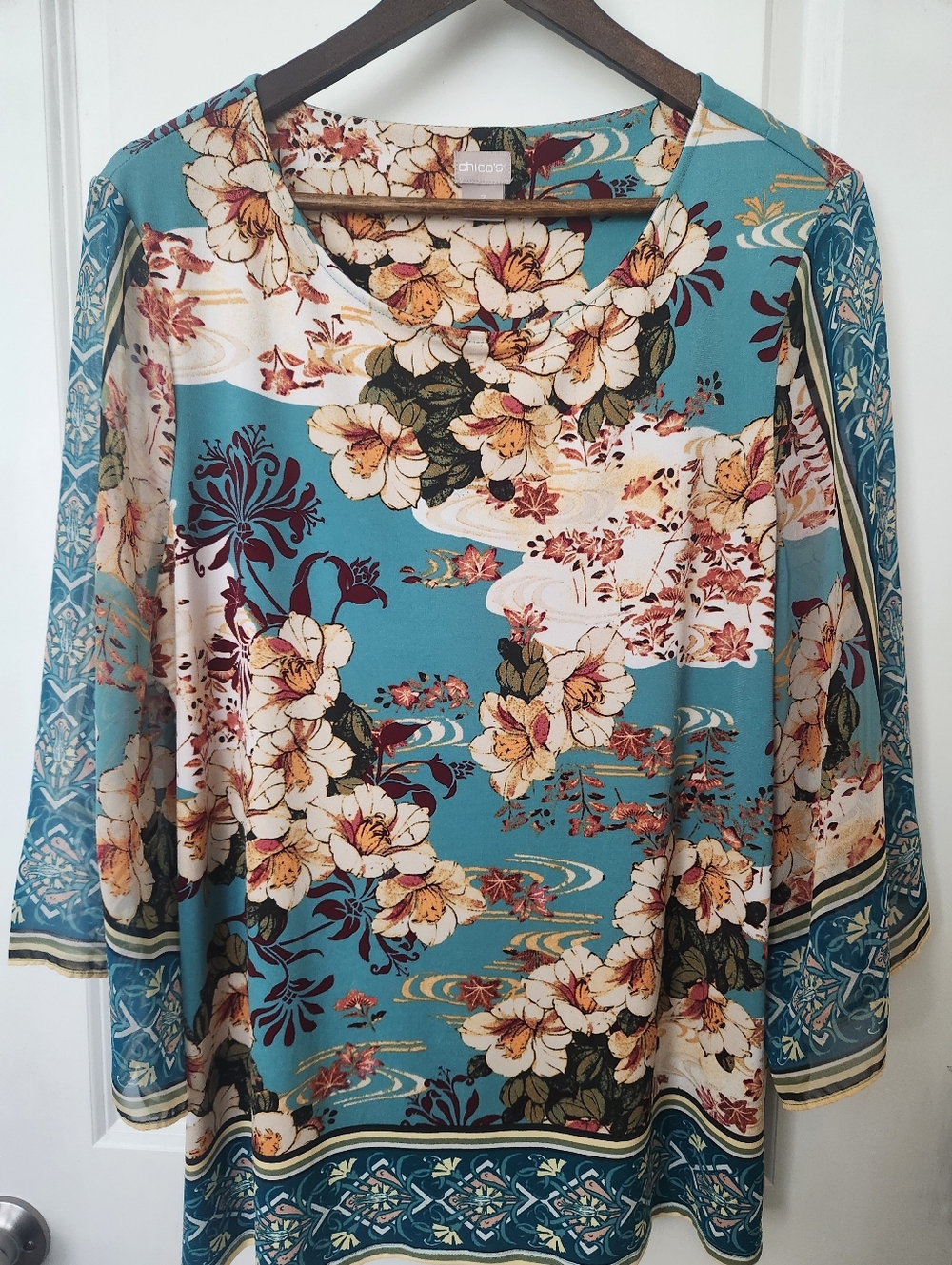 Chico's Teal Floral Long-Sleeve Tunic